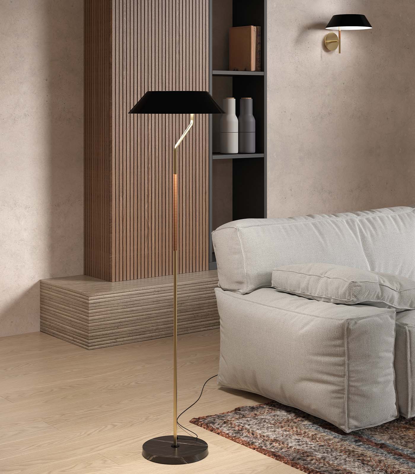 Black‑shade brass floor lamp